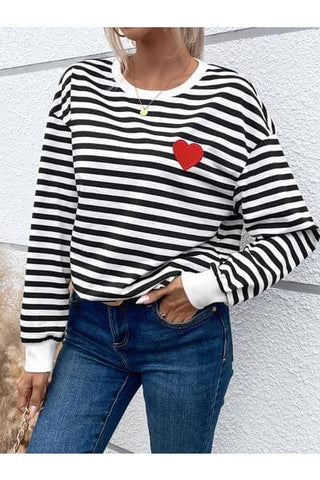 Heart Patch Striped Round Neck Long Sleeve Sweatshirt - SwagglyLife Home & Fashion