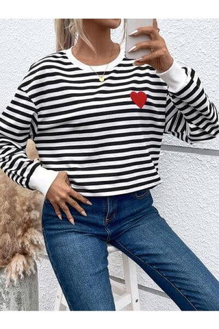 Heart Patch Striped Round Neck Long Sleeve Sweatshirt - SwagglyLife Home & Fashion