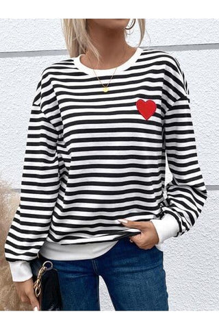 Heart Patch Striped Round Neck Long Sleeve Sweatshirt - SwagglyLife Home & Fashion