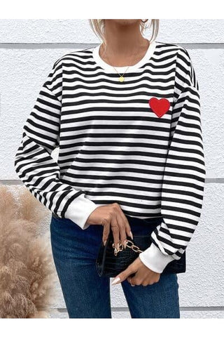 Heart Patch Striped Round Neck Long Sleeve Sweatshirt - SwagglyLife Home & Fashion