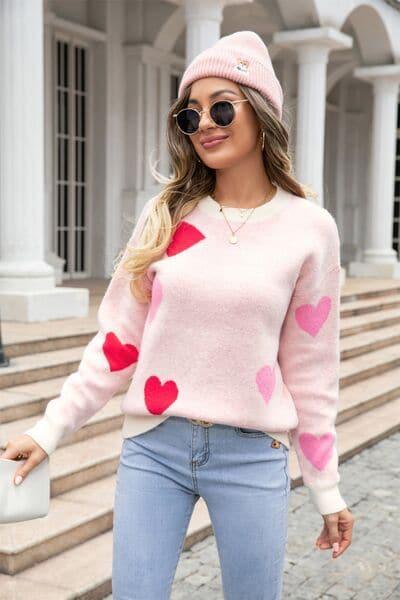 Heart Round Neck Droppped Shoulder Sweater - SwagglyLife Home & Fashion