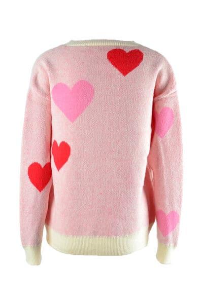 Heart Round Neck Droppped Shoulder Sweater - SwagglyLife Home & Fashion