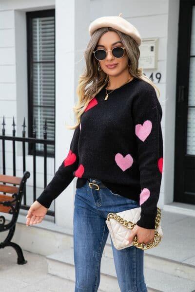 Heart Round Neck Droppped Shoulder Sweater - SwagglyLife Home & Fashion