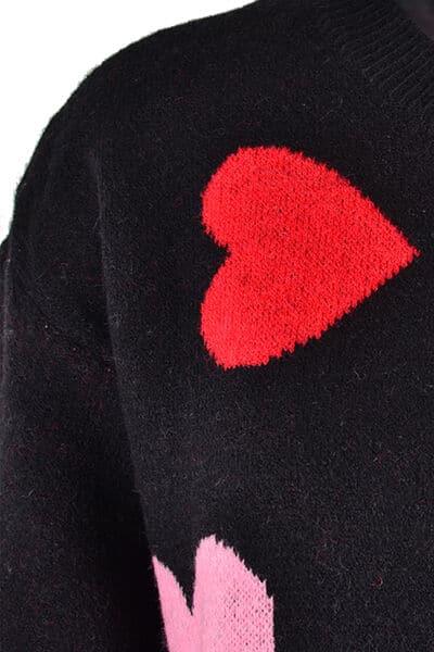 Heart Round Neck Droppped Shoulder Sweater - SwagglyLife Home & Fashion