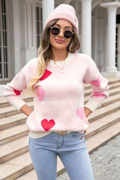 Heart Round Neck Droppped Shoulder Sweater - SwagglyLife Home & Fashion