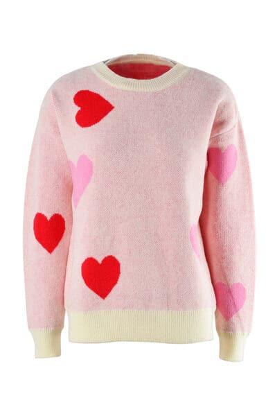 Heart Round Neck Droppped Shoulder Sweater - SwagglyLife Home & Fashion