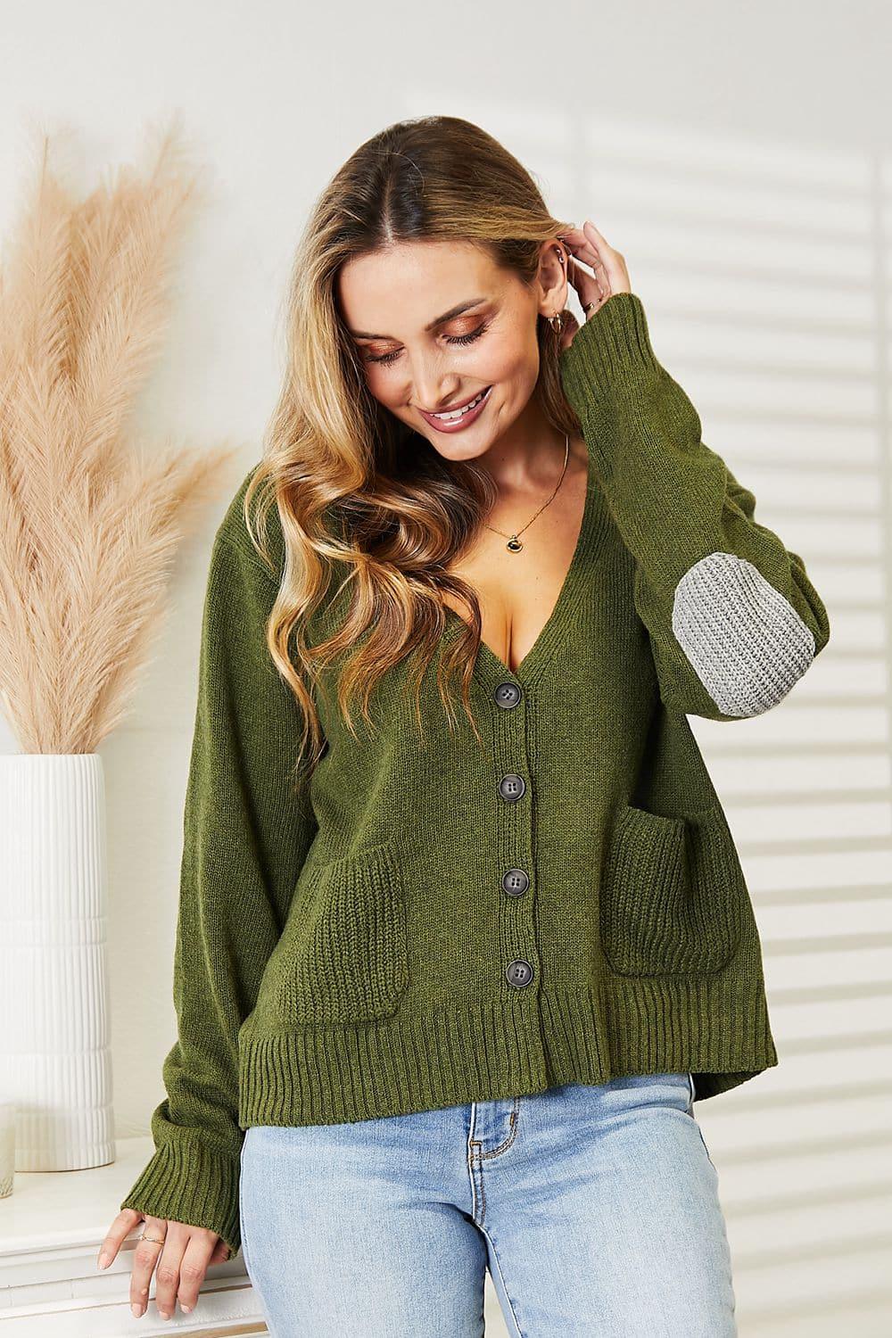 Heimish Full Size Long Sleeve V Neck Button Down Cardigan, Army Green - SwagglyLife Home & Fashion