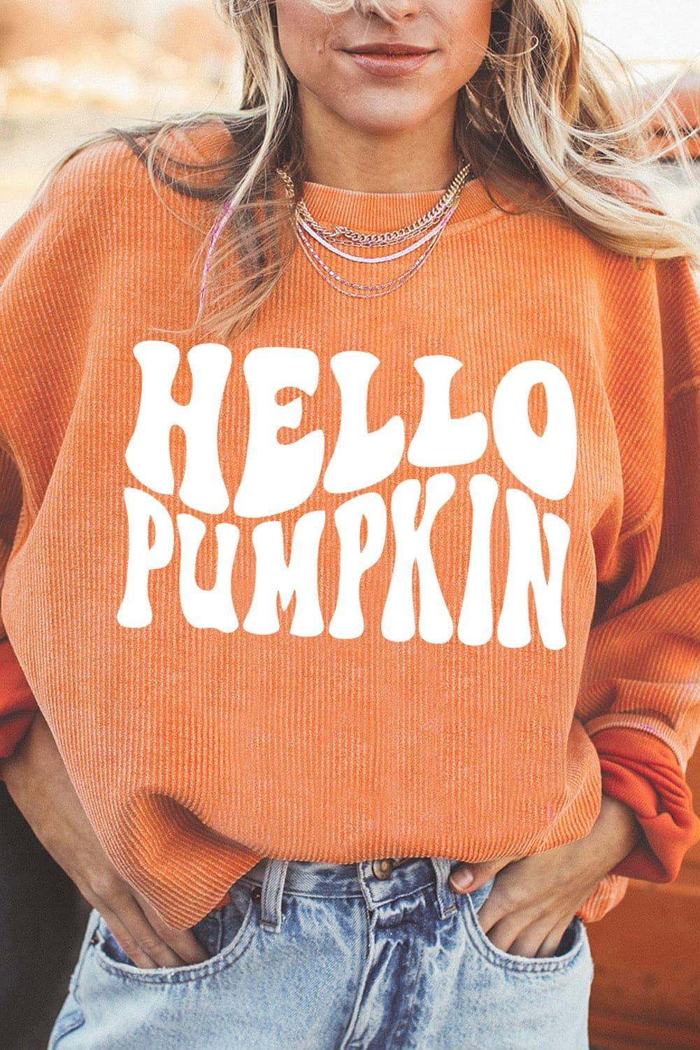 HELLO PUMPKIN Round Neck Graphic Sweatshirt - SwagglyLife Home & Fashion