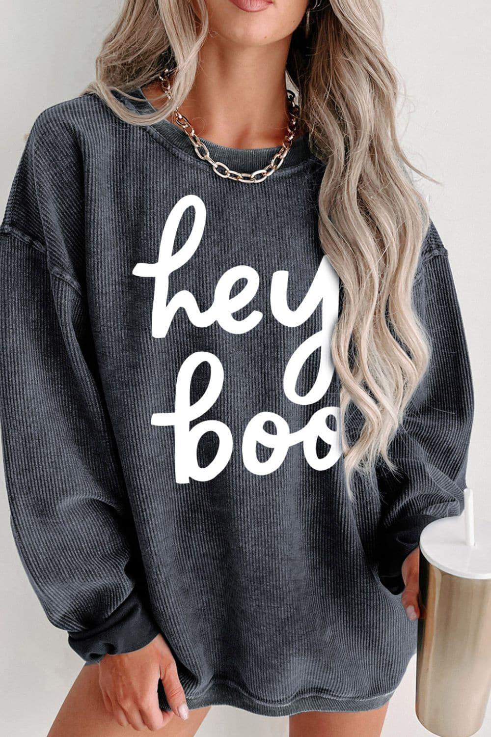 Hey Boo Dropped Shoulder Graphic Sweatshirt, Charcoal - SwagglyLife Home & Fashion