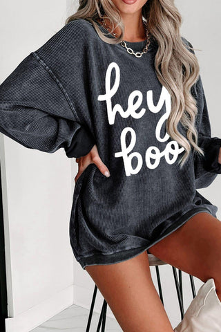 Hey Boo Dropped Shoulder Graphic Sweatshirt, Charcoal - SwagglyLife Home & Fashion