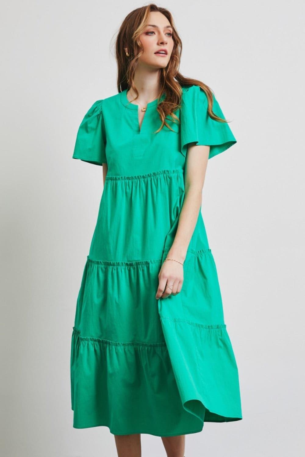 HEYSON Full Size Cotton Poplin Ruffled Tiered Midi Dress - SwagglyLife Home & Fashion