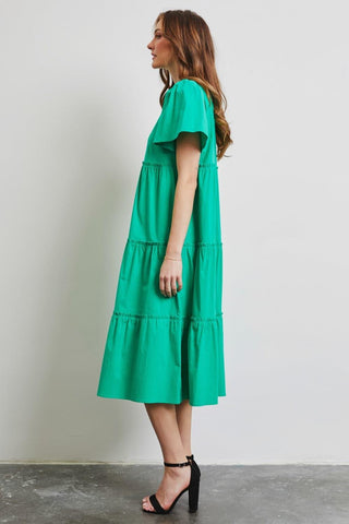 HEYSON Full Size Cotton Poplin Ruffled Tiered Midi Dress - SwagglyLife Home & Fashion