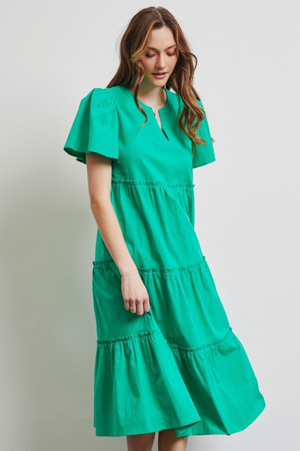 HEYSON Full Size Cotton Poplin Ruffled Tiered Midi Dress - SwagglyLife Home & Fashion