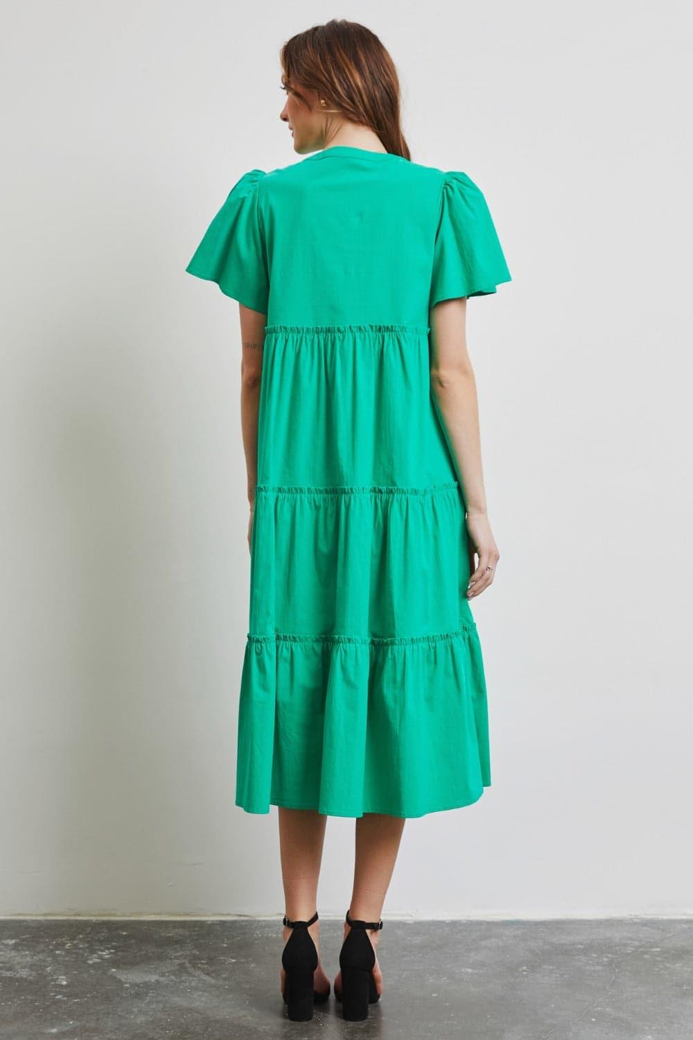 HEYSON Full Size Cotton Poplin Ruffled Tiered Midi Dress - SwagglyLife Home & Fashion