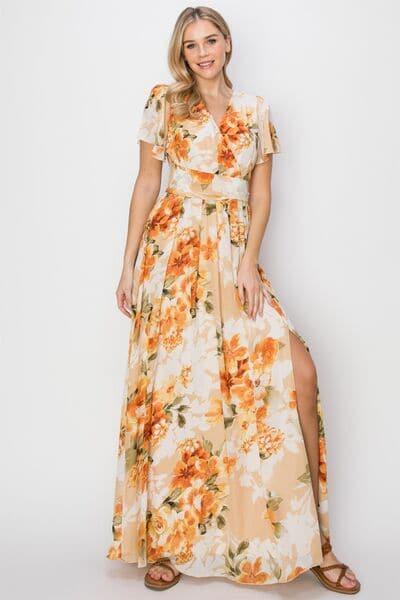 HYFVE Floral Tie Back Short Sleeve Slit Maxi Dress - SwagglyLife Home & Fashion