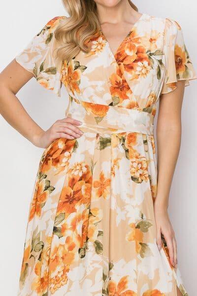 HYFVE Floral Tie Back Short Sleeve Slit Maxi Dress - SwagglyLife Home & Fashion