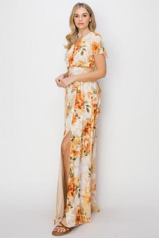 HYFVE Floral Tie Back Short Sleeve Slit Maxi Dress - SwagglyLife Home & Fashion