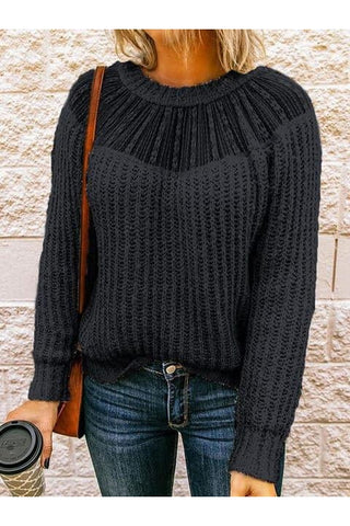 Iris Round Neck Rib-Knit Sweater - SwagglyLife Home & Fashion