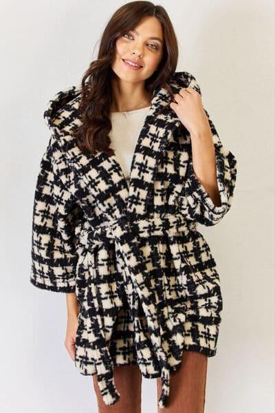 J.NNA Fuzzy Plaid Waist Tie Hooded Robe Cardigan - SwagglyLife Home & Fashion