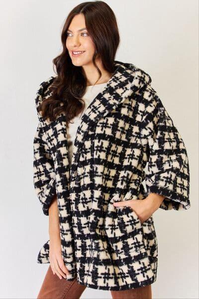 J.NNA Fuzzy Plaid Waist Tie Hooded Robe Cardigan - SwagglyLife Home & Fashion
