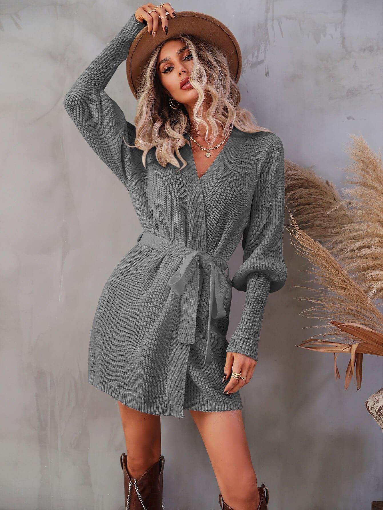 Jessica Belted Surplice Lantern Sleeve Wrap Sweater Dress, Multiple Colors - SwagglyLife Home & Fashion