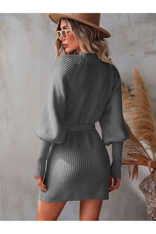 Jessica Belted Surplice Lantern Sleeve Wrap Sweater Dress, Multiple Colors - SwagglyLife Home & Fashion