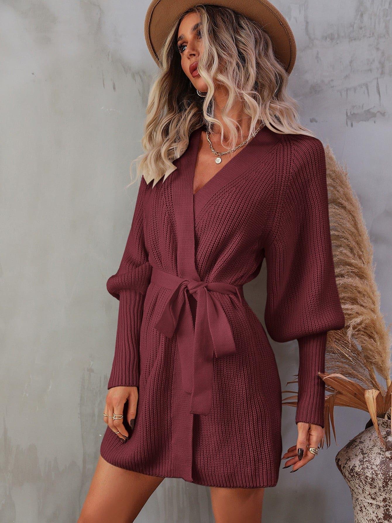 Jessica Belted Surplice Lantern Sleeve Wrap Sweater Dress, Multiple Colors - SwagglyLife Home & Fashion