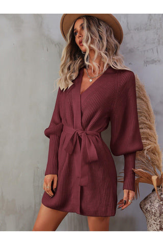 Jessica Belted Surplice Lantern Sleeve Wrap Sweater Dress, Multiple Colors - SwagglyLife Home & Fashion