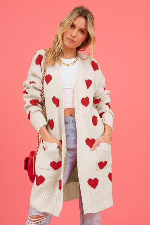 Josie Heart Graphic Open Front Cardigan with Pockets - SwagglyLife Home & Fashion