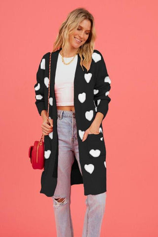 Josie Heart Graphic Open Front Cardigan with Pockets - SwagglyLife Home & Fashion