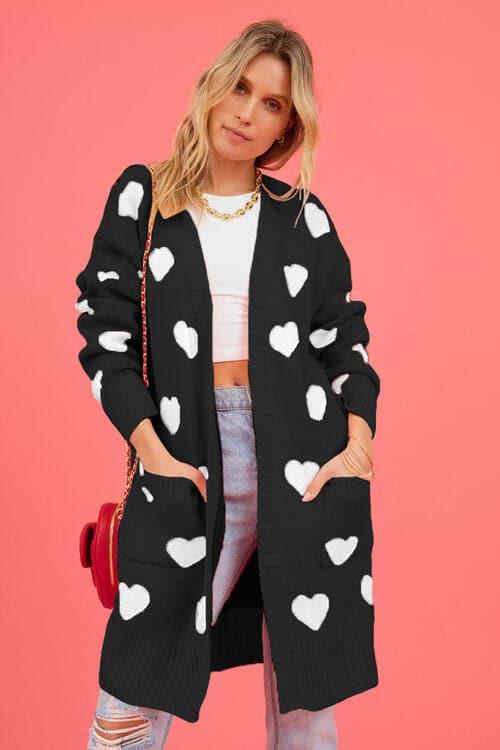 Josie Heart Graphic Open Front Cardigan with Pockets - SwagglyLife Home & Fashion