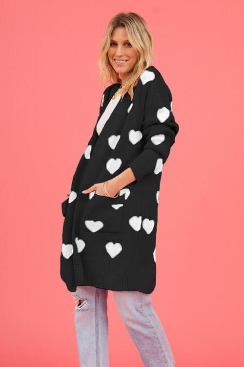 Josie Heart Graphic Open Front Cardigan with Pockets - SwagglyLife Home & Fashion