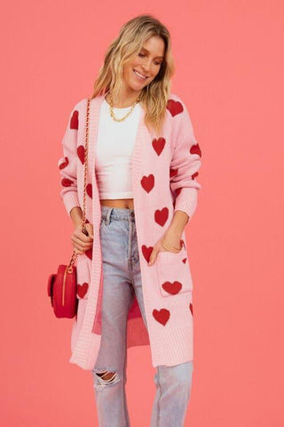 Josie Heart Graphic Open Front Cardigan with Pockets - SwagglyLife Home & Fashion