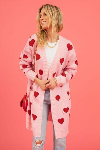 Josie Heart Graphic Open Front Cardigan with Pockets - SwagglyLife Home & Fashion