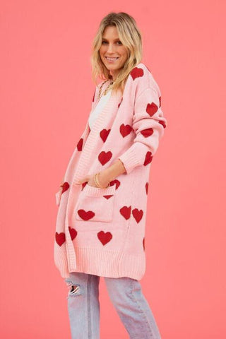 Josie Heart Graphic Open Front Cardigan with Pockets - SwagglyLife Home & Fashion