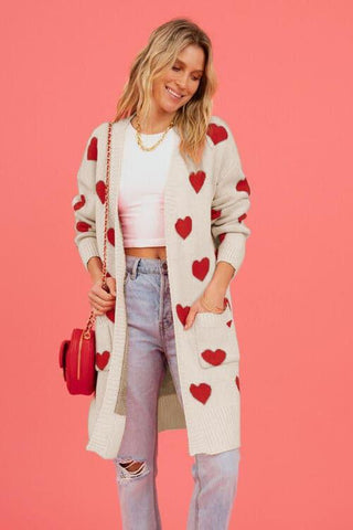 Josie Heart Graphic Open Front Cardigan with Pockets - SwagglyLife Home & Fashion