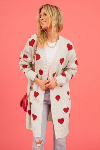 Josie Heart Graphic Open Front Cardigan with Pockets - SwagglyLife Home & Fashion