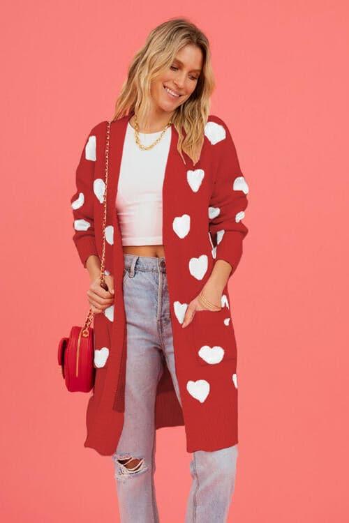 Josie Heart Graphic Open Front Cardigan with Pockets - SwagglyLife Home & Fashion