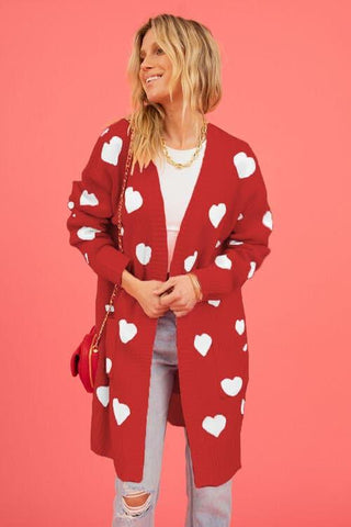 Josie Heart Graphic Open Front Cardigan with Pockets - SwagglyLife Home & Fashion