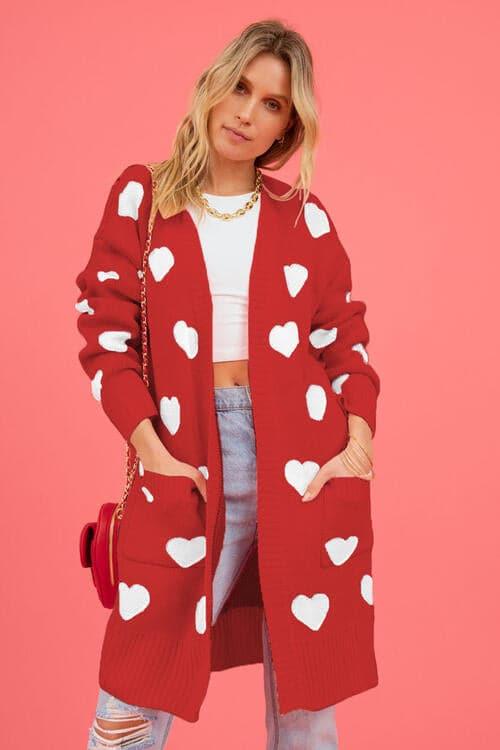 Josie Heart Graphic Open Front Cardigan with Pockets - SwagglyLife Home & Fashion