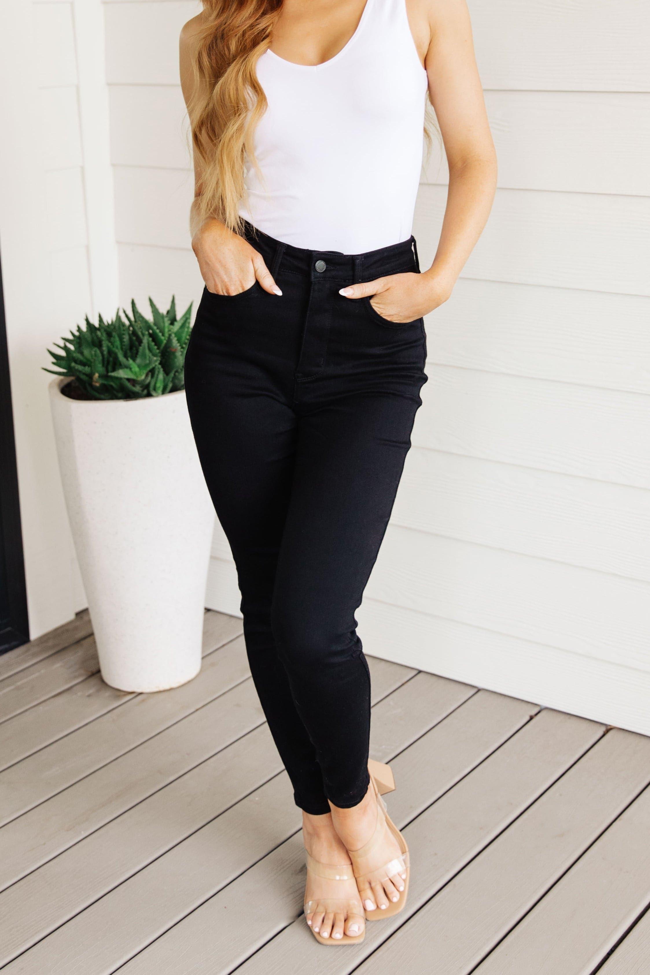 JUDY BLUE Audrey High Rise Control Top Classic Skinny Jeans in Black - SwagglyLife Home & Fashion