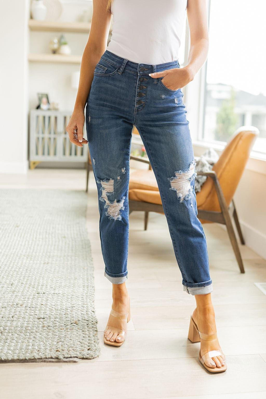 Colt High Rise Button Fly Distressed Boyfriend Jeans - SwagglyLife Home & Fashion