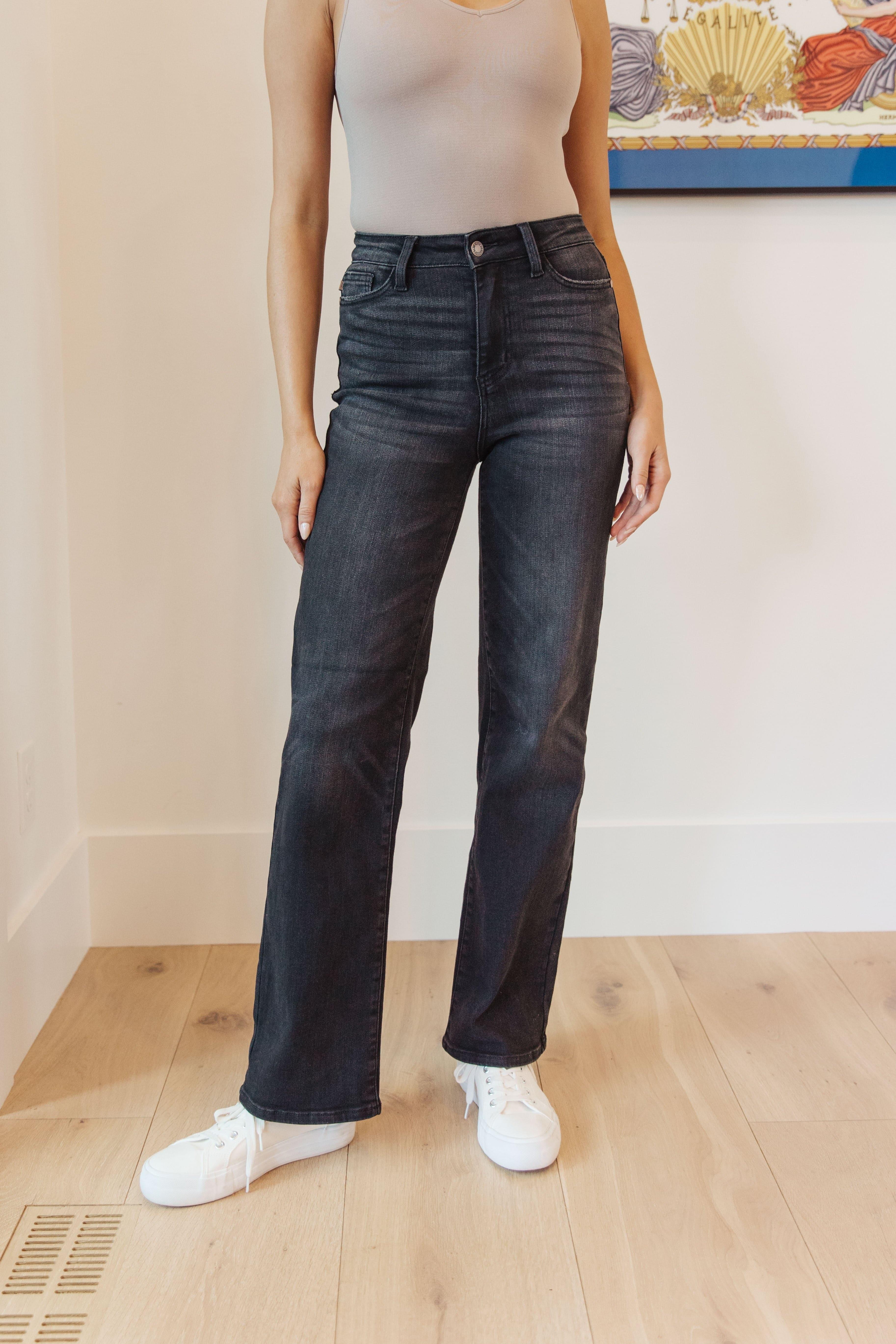 JUDY BLUE Eleanor High Rise Classic Straight Jeans in Washed Black - SwagglyLife Home & Fashion