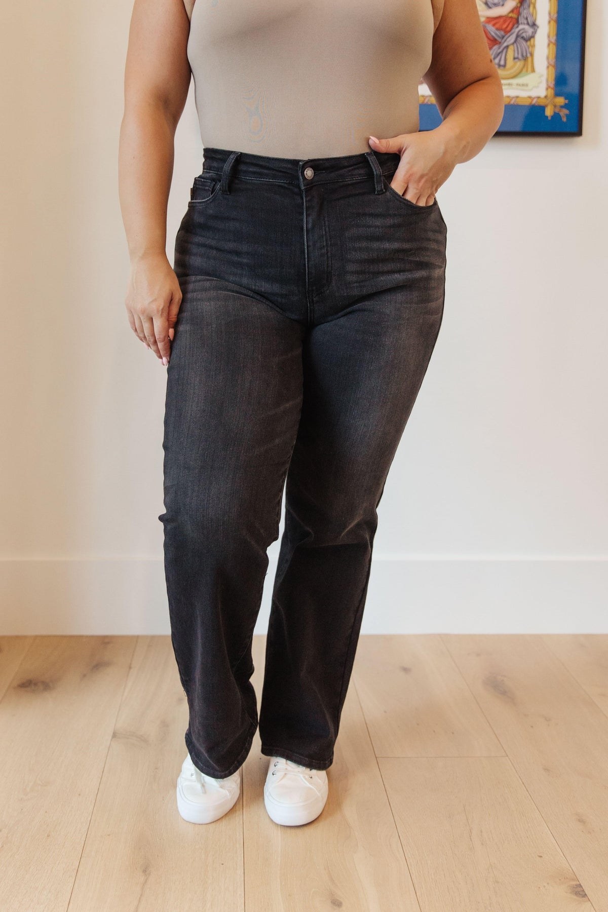 JUDY BLUE Eleanor High Rise Classic Straight Jeans in Washed Black - SwagglyLife Home & Fashion