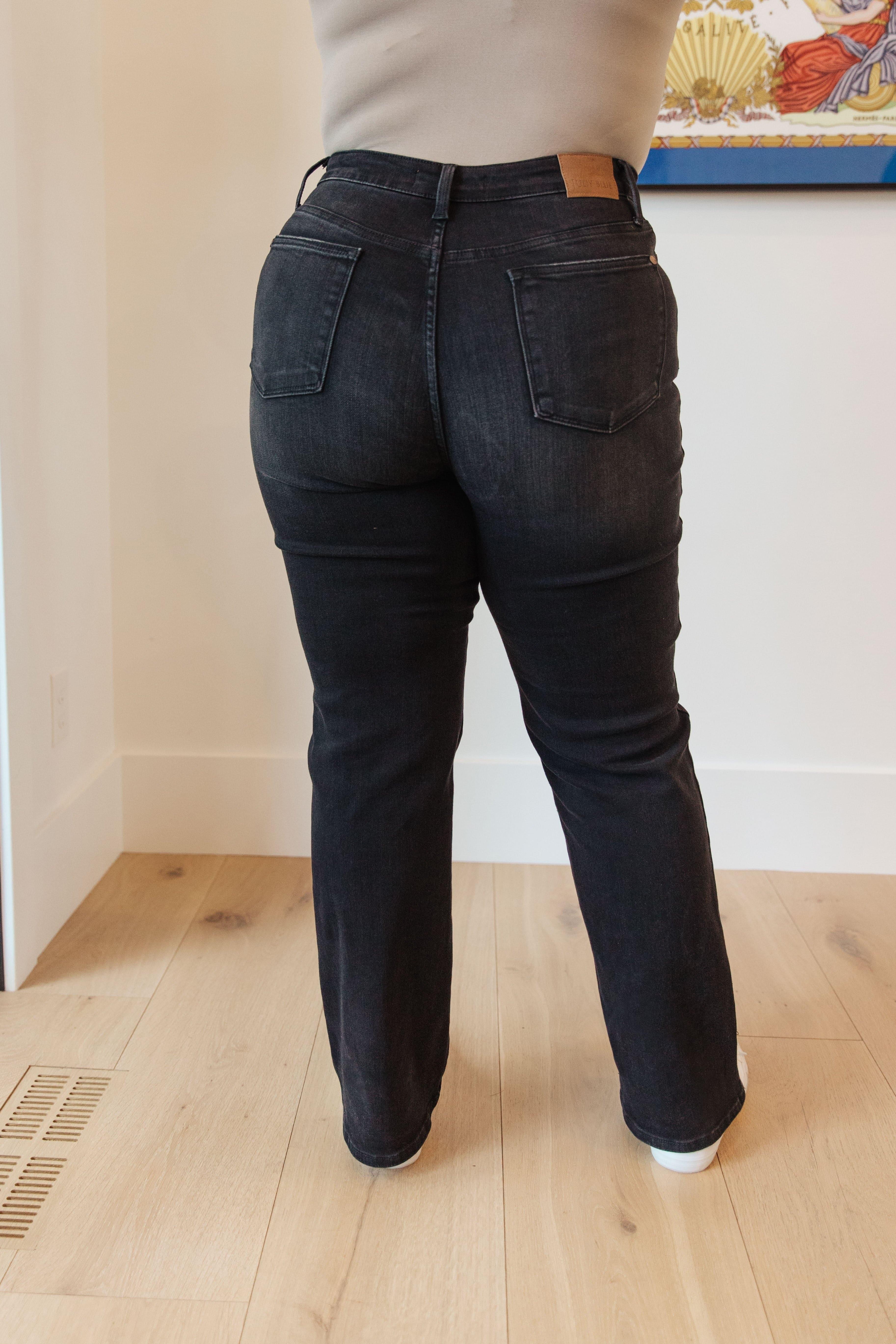 JUDY BLUE Eleanor High Rise Classic Straight Jeans in Washed Black - SwagglyLife Home & Fashion