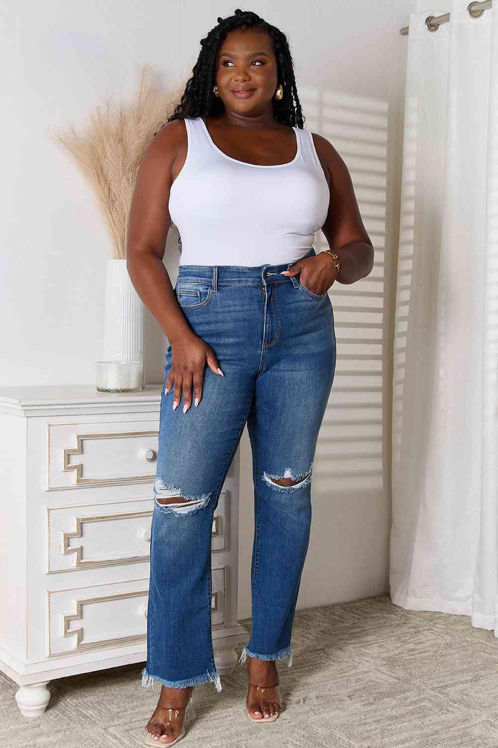 Judy Blue Full Size Distressed Raw Hem Jeans - SwagglyLife Home & Fashion