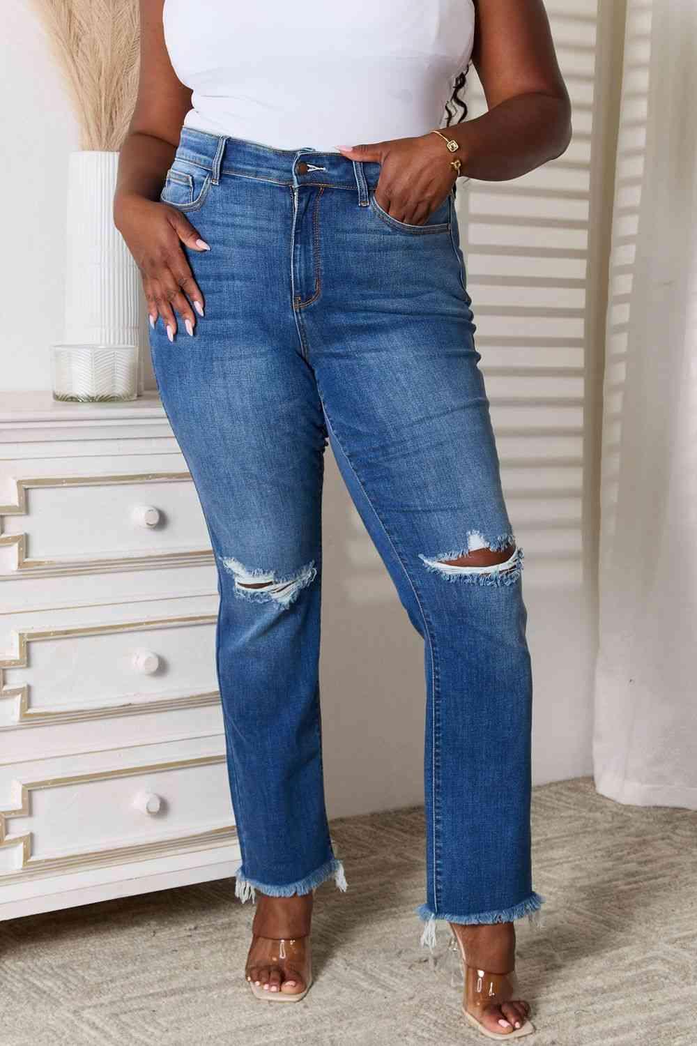 Judy Blue Full Size Distressed Raw Hem Jeans - SwagglyLife Home & Fashion