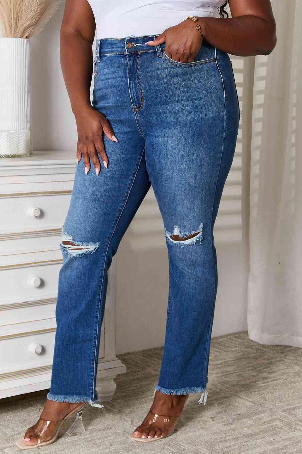 Judy Blue Full Size Distressed Raw Hem Jeans - SwagglyLife Home & Fashion