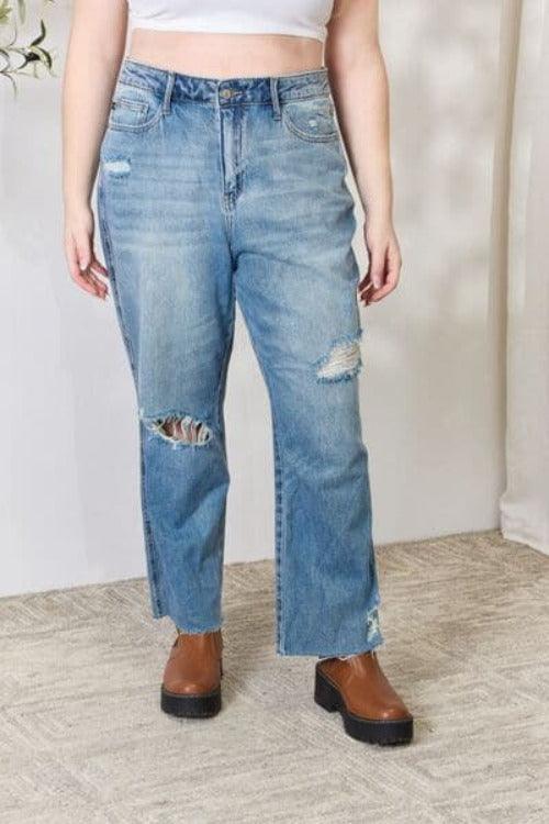 Judy Blue Full Size Distressed Raw Hem Straight Jeans - SwagglyLife Home & Fashion