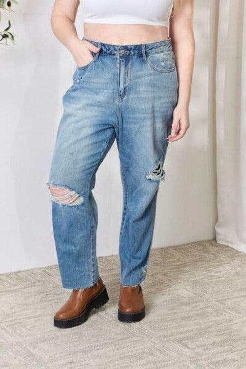 Judy Blue Full Size Distressed Raw Hem Straight Jeans - SwagglyLife Home & Fashion